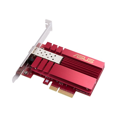 Rote Asus Netzwerkkarte mit großem Kühlkörper und silberner Slotblende auf weißem Hintergrund.