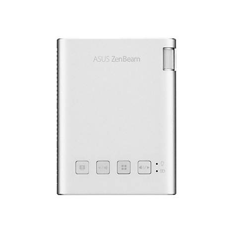 Ein silberner ASUS ZenBeam-Projektor. Oben steht der Schriftzug "ASUS ZenBeam". Unten befinden sich Bedienknöpfe mit Symbolen.