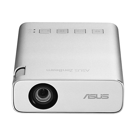 Silberfarbener ASUS ZenBeam Projektor mit Objektiv und BedienknÃ¶pfen.