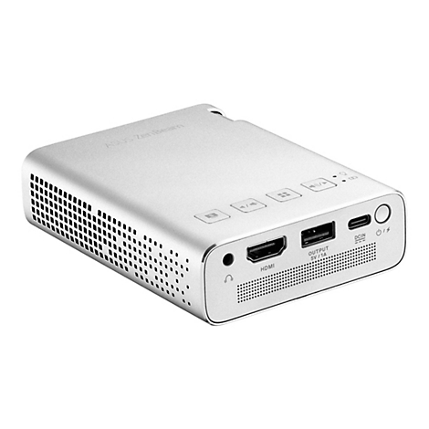 Silberner Mini-Projektor. Oberseite mit KnÃ¶pfen, AnschlÃ¼ssen an der Seite. HDMI, USB und KopfhÃ¶reranschluss.