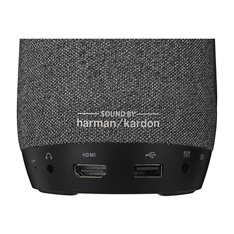 Nahaufnahme der Rückseite eines schwarzen Lautsprechers. Auf dem grauen Stoff steht "SOUND BY harman/kardon". Unten befinden sich Anschlüsse.