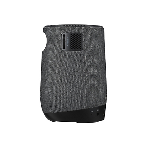 Dunkelgrauer, zylindrischer Projektor, auf weißem Grund. Oben ein Lüftungsgitter, eine Vertiefung mit Fokus-Einstellung.