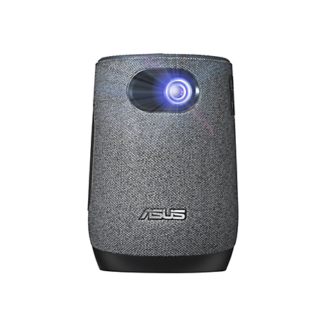 Ein grauer Projektor mit einem blauen Licht, das aus der Objektivöffnung scheint, vor einem weißen Hintergrund. Das ASUS-Logo ist sichtbar.