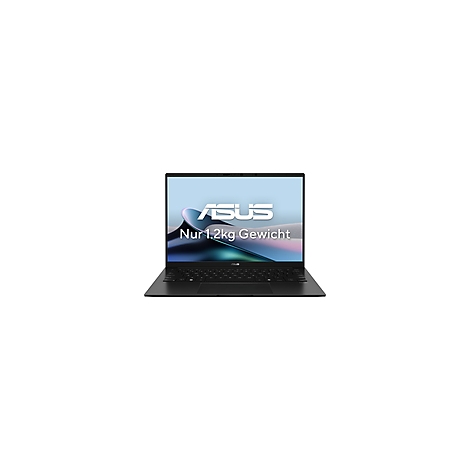 Schwarzes Laptop mit geöffnetem Bildschirm. Das ASUS-Logo und der Text 'Nur 1.2kg Gewicht' sind zu sehen.