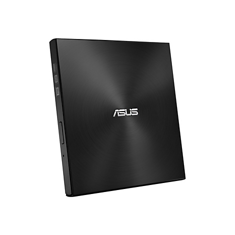 Schwarzes, quadratisches externes ASUS DVD-Laufwerk mit gebürsteter Oberfläche und mittigem Logo vor weißem Hintergrund.
