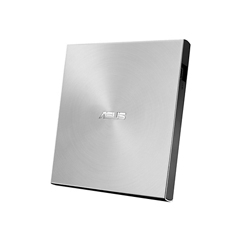 Silberner ASUS DVD-Player, rechteckig, polierte Oberfläche mit konzentrischen Kreisen. Logo ASUS eingeprägt. Schwarzer Seitenrand.
