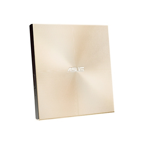 Ordinateur portable ASUS fermé, or clair, avec une texture à motifs et un logo.