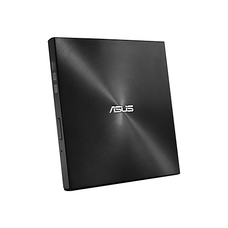 Schwarzes ASUS DVD-Laufwerk vor weißem Hintergrund. Das Gerät hat eine runde Oberfläche mit dem ASUS-Logo.