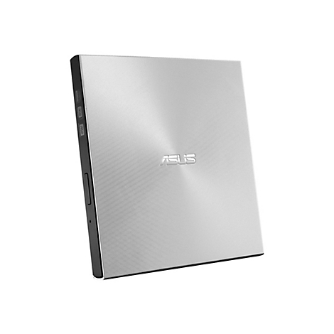 Silberner ASUS DVD-Brenner, schräg von oben. Der Deckel hat konzentrische Kreismuster. Auf der Oberseite befindet sich das ASUS Logo.