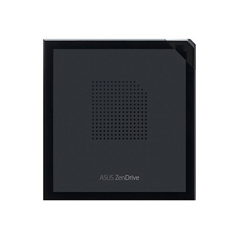 Dunkelgraue ASUS ZenDrive. Quadratisch mit abgerundeten Ecken, schwarzem Rahmen und kleinen quadratischen Löchern. Schriftzug: ASUS ZenDrive.