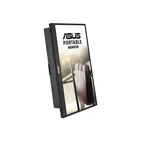 Ein schwarzer tragbarer ASUS Monitor ist im Dreiviertelprofil abgebildet, der Bildschirm zeigt ein Bild einer braunen Aktentasche.