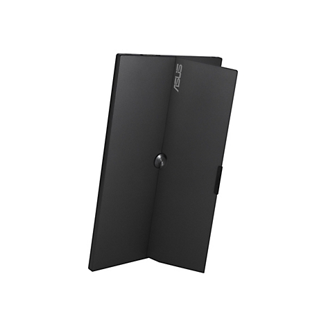 Ein schwarzer Monitor, der in zwei Teile gefaltet ist. Auf der Oberfläche ist das Asus Logo zu sehen.