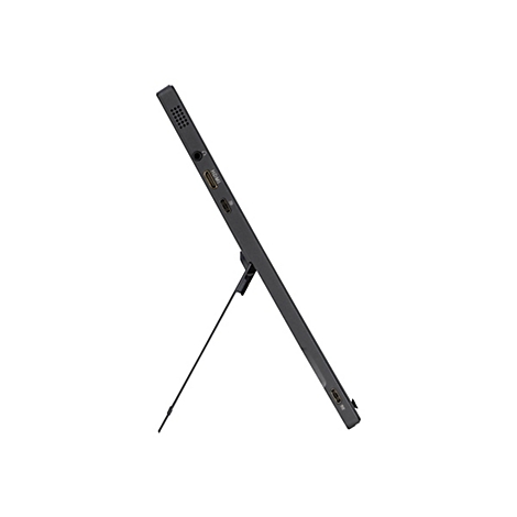 Seitenansicht eines flachen, schwarzen Monitors mit ausgeklapptem Ständer und sichtbaren Anschlüssen.