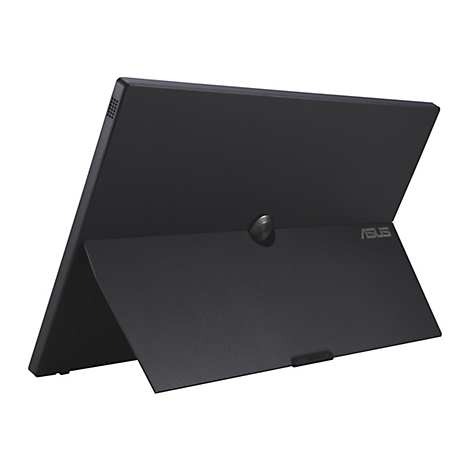 Rückseite eines schwarzen, aufgestellten ASUS ZenScreen Monitors vor weißem Hintergrund.