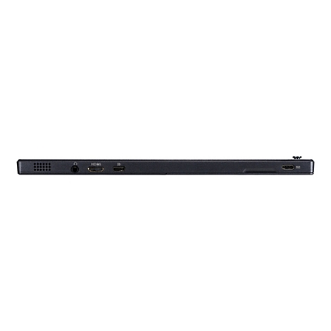 Nahaufnahme der Unterseite eines schwarzen, rechteckigen Geräts mit verschiedenen Anschlüssen, wie Kopfhöreranschluss, HDMI, USB-C.