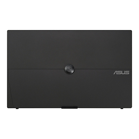 Rückseite eines schwarzen ASUS ZenScreen Monitors mit zentralem Standfuß-Element und dezentem Markenlogo.