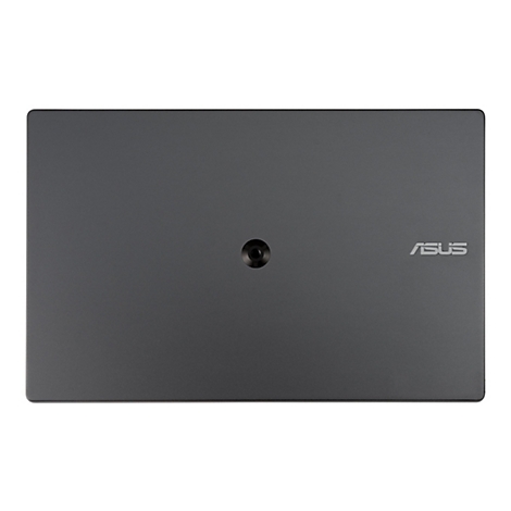 Dunkelgraues Laptop-Oberteil mit ASUS-Logo und einer mittigen kreisförmigen Vertiefung.