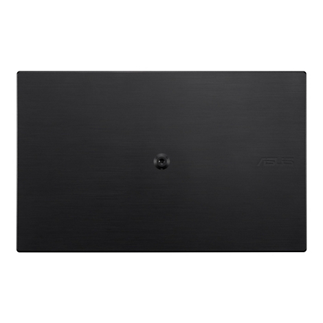 Dunkles Laptop-Cover mit dezentem Muster, mittig ein rundes Element und rechts das ASUS-Logo.
