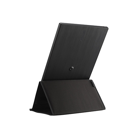 Rückseite eines schwarzen Asus Monitors im Standfuß auf weißem Hintergrund.
