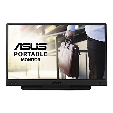 Ein schwarzer tragbarer ASUS-Monitor mit dem ASUS-Logo. Auf dem Bildschirm ist eine Person mit einer braunen Aktentasche zu sehen.