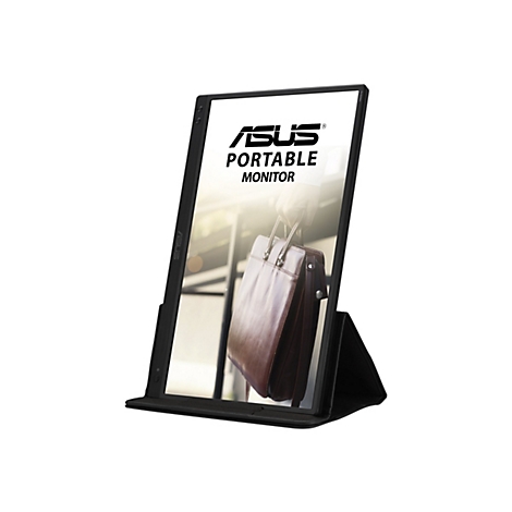 Schwarzer Asus tragbarer Monitor im Hochformat auf einem Ständer vor weißem Hintergrund.