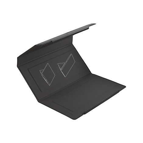Schwarze Tablet-HÃ¼lle, teilweise geÃ¶ffnet, mit Skizzen von verschiedenen Aufstellwinkeln. Auf weiÃŸem Hintergrund.