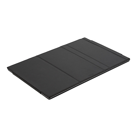 Schwarzes Tablet-Cover in flacher Position, leicht angewinkelt, vor weiÃŸem Hintergrund.