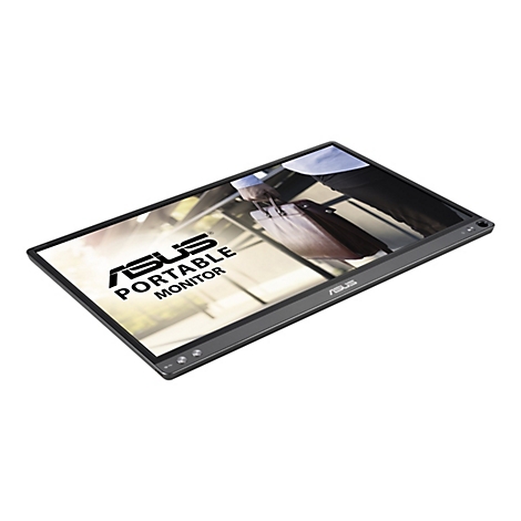 Ein tragbarer Monitor von Asus liegt auf weiÃŸem Grund. Auf dem Bildschirm steht Asus Portable Monitor.