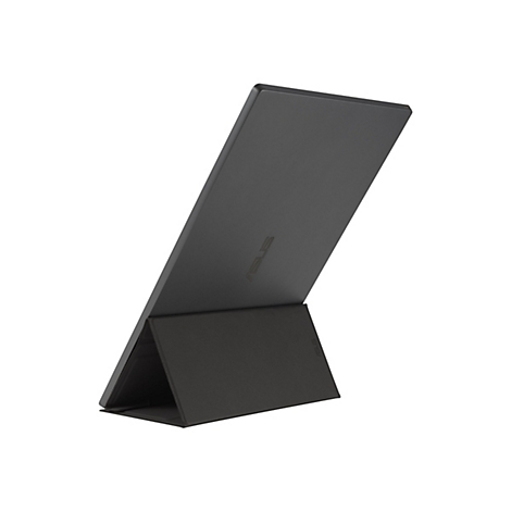 Schwarzer Monitor mit StÃ¤nder, von hinten betrachtet, das ASUS-Logo ist zu sehen.
