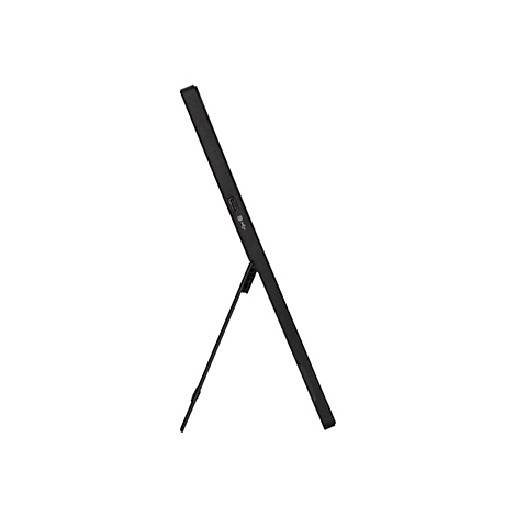 Ein schwarzes Tablet ist auf einem weißen Hintergrund aufgestellt, es ist aufgestellt, sodass man die Seite sieht. Ein Ständer stützt das Tablet.