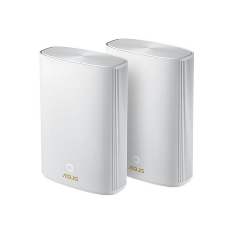 Zwei weiÃŸe, ovale Router mit geriffelten Seiten und einem goldenen ASUS-Logo. Auf hellem Hintergrund.