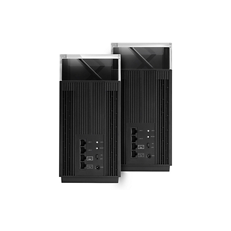 Zwei schwarze Router auf weißem Hintergrund. Der obere Teil ist transparent mit einem dunklen Innenleben, der Rest hat vertikale Rillen und Anschlüsse.