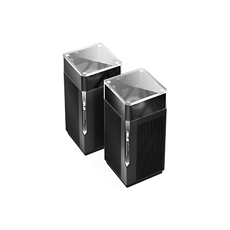 Zwei schwarze ASUS ZenWiFi Pro ET12 WLAN-Router mit transparenten Oberflächen, diagonal auf weißem Grund angeordnet.