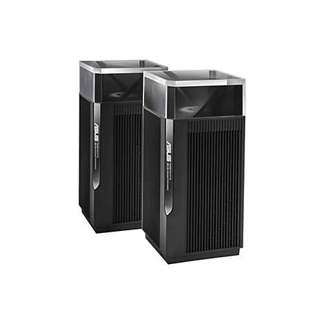 Zwei schwarze Router mit transparentem Deckel stehen nebeneinander. Das ASUS-Logo ist deutlich sichtbar.