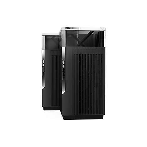 Zwei schwarze Router nebeneinander. Oben durchsichtig, unten schwarz mit Asus Schriftzug.