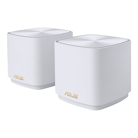 Zwei weiÃŸe, quadratische Router mit silbernen Oberseiten und goldenem Asus-Logo.