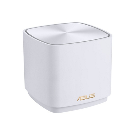 WeiÃŸer Router von ASUS. Quadratische Form, silberfarbene Oberseite, goldfarbenes Logo.