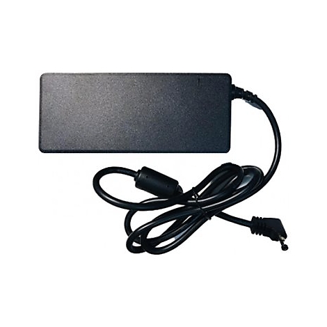 Schwarzes rechteckiges Netzteil mit Kabel und gewinkeltem Stecker vor weißem Hintergrund.