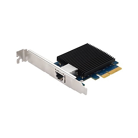 Blaue Netzwerkkarte mit schwarzem Kühlkörper und Metallblende vor weißem Hintergrund.