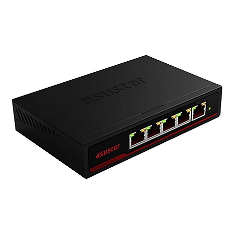 Schwarzer Asustor Netzwerk-Switch mit fünf Ports vor weißem Hintergrund.