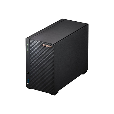 Schwarzer NAS-Server mit diagonaler Musterung und 'asustor'-Logo. Oben und unten sind Anschlüsse.