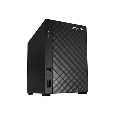 Schwarzes Asustor NAS-Gerät, diagonales Gittermuster, Anzeigeleuchten, USB-Anschluss, Markenname.