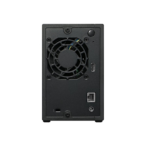 Schwarzes NAS-Gerät, Rückseite: Lüfter, USB, Ethernet-Anschluss.