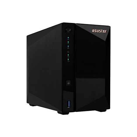 Schwarzer Asustor NAS-Server in Diamantoptik mit leuchtenden Status-LEDs vor weißem Hintergrund.