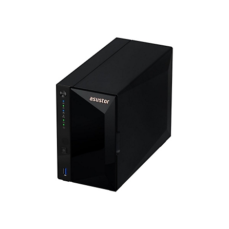 Schwarzer Asustor NAS-Server in glänzender Optik mit leuchtenden Status-LEDs vor weißem Hintergrund.