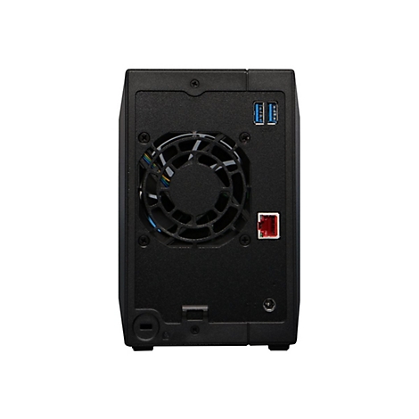 Rückseite eines schwarzen NAS-Gehäuses mit Lüfter, zwei USB-Ports und einem Ethernet-Anschluss.