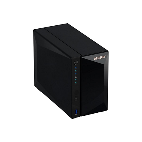 Schwarzes Asustor NAS-Gehäuse mit glänzender Oberfläche, LED-Statusleuchten und vorderseitigem USB-Anschluss.