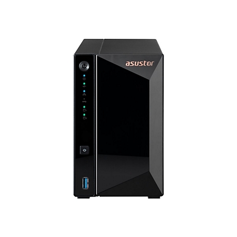 Schwarzes Asustor NAS-Gehäuse mit leuchtenden Status-LEDs und USB-Anschluss vor weißem Hintergrund.