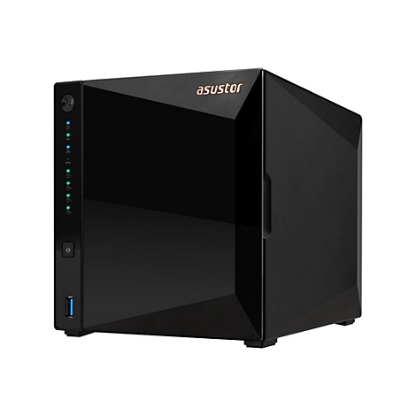 Schwarzes NAS-System von Asustor. Auf der Front LEDs und USB-Anschluss.