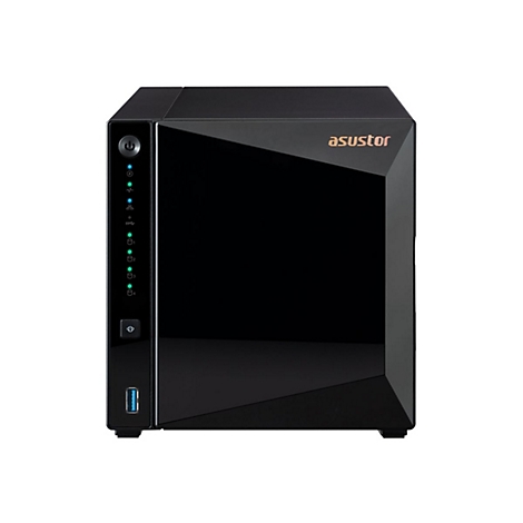 Schwarzer Asustor NAS-Server mit glänzender Frontplatte, leuchtenden Status-LEDs und USB-Anschluss.